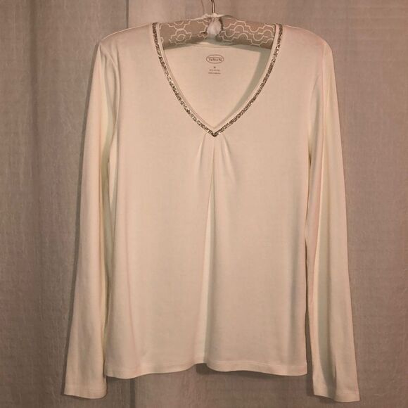 Talbots M Cotton Ivory Pullover Long Sleeve Top Embellished Around V-Neck - Picture 1 of 10